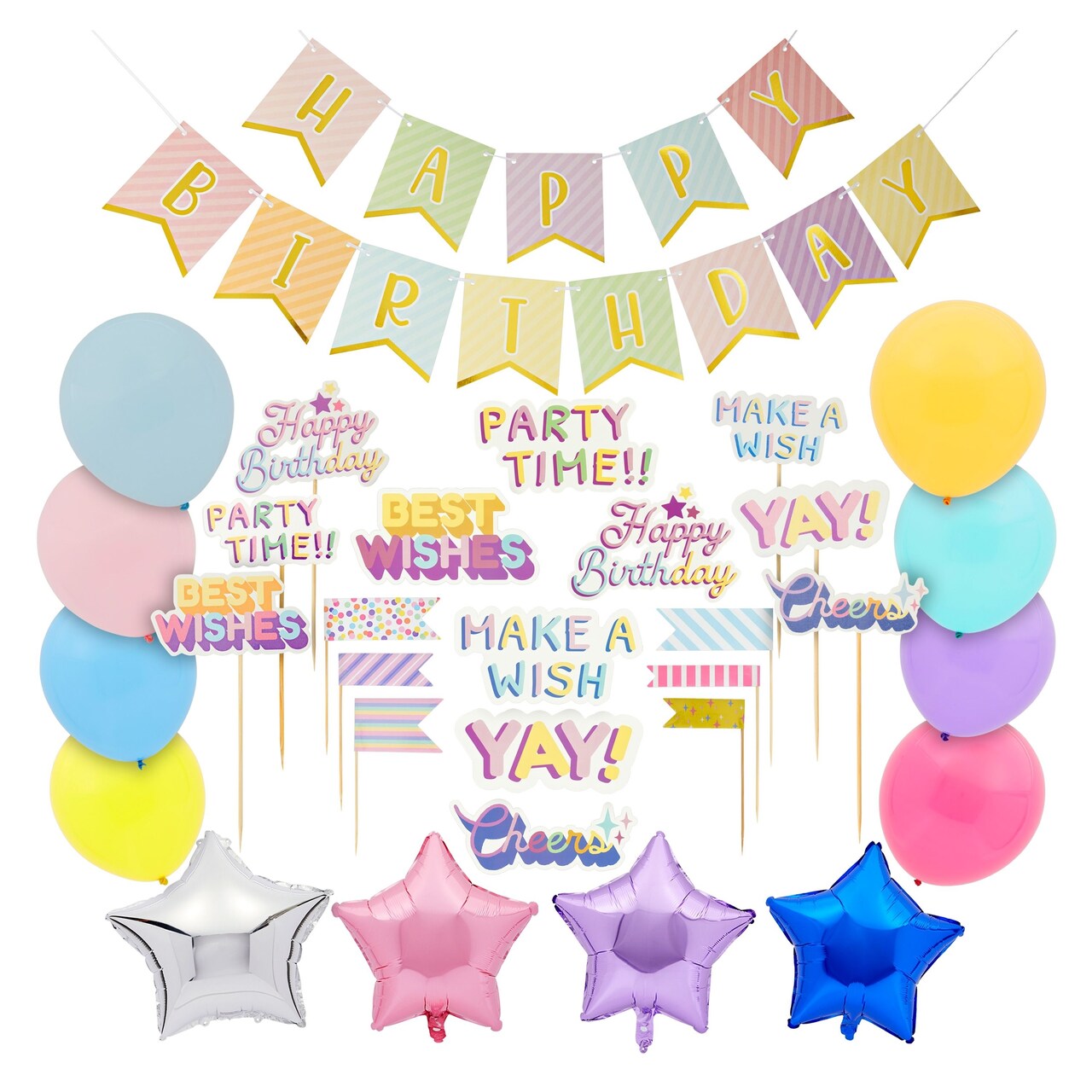 99 Piece Girls Rainbow Birthday Party Decorations Set with Balloons, Banner, Cake Toppers and Wall Cutouts